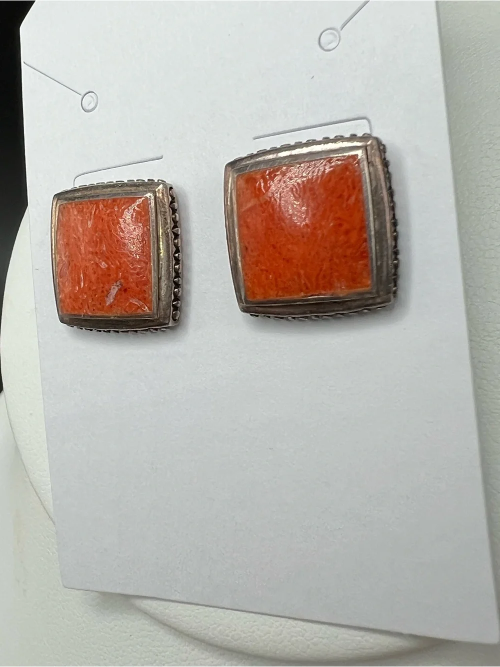 Sterling Silver (925) Orange Sponge Coral Square Stud Earrings Signed PB